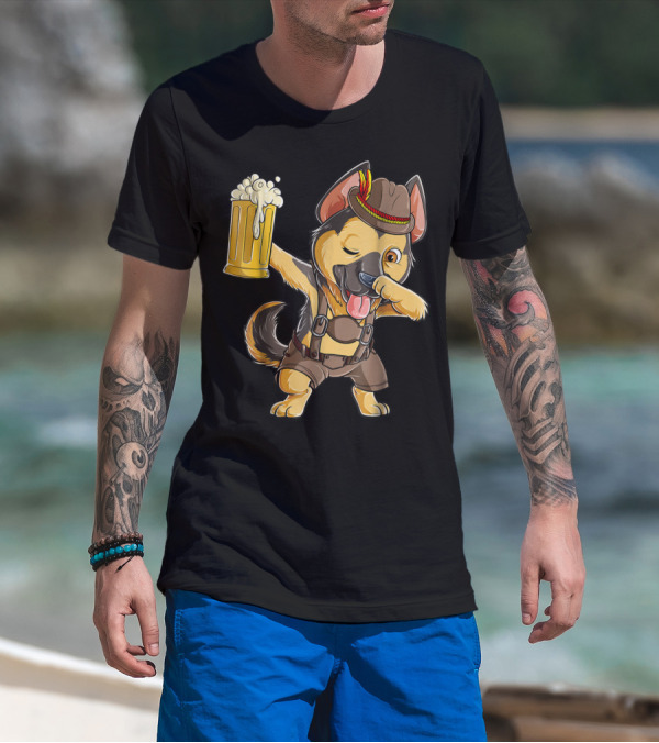 Dabbing German Shepherd Dab Men Prost Drinking Beer Oktoberfest Lederhosen T-Shirt