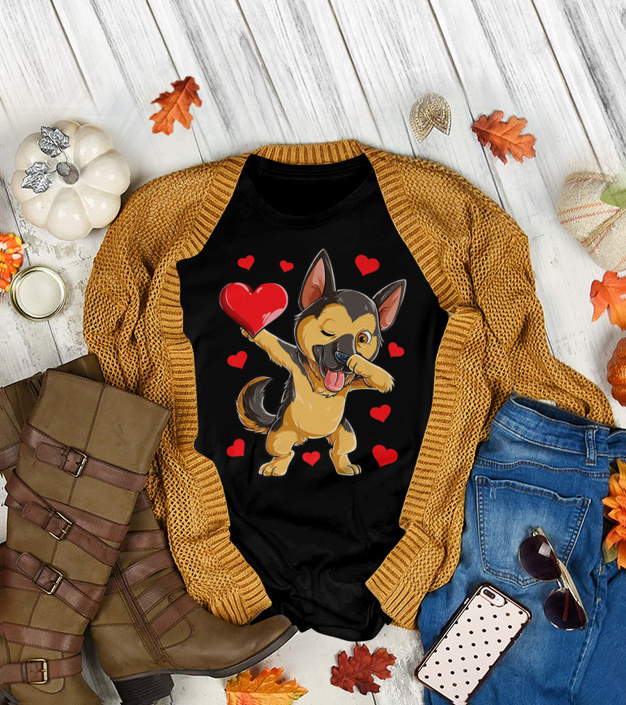 Dabbing German Shepherd Valentine Dog With Hearts Boys Love T-Shirt