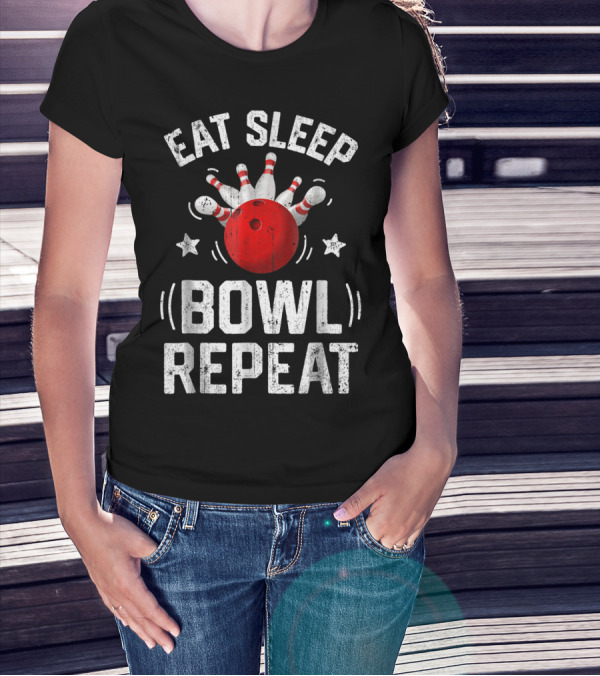Eat Sleep Bowl Repeat Bowling Pins Stars Bowling Ball T-Shirt