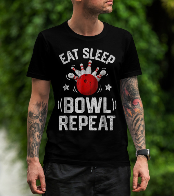 Eat Sleep Bowl Repeat Bowling Pins Stars Bowling Ball T-Shirt