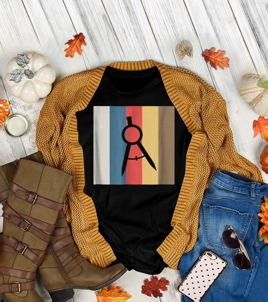 Cool Divider Vintage Architecture Compass on Retro Color Stripes T-Shirt