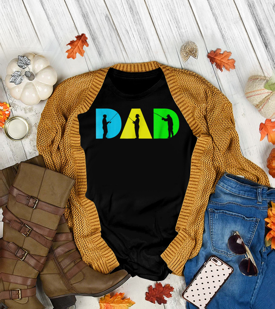 Funny Dad Fishing Silhouette Blue Yellow Green Design Father76 T-Shirt