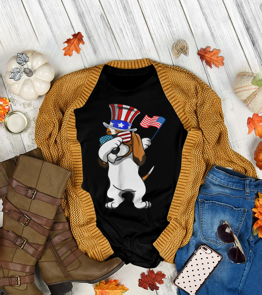 Basset Hound Dabbing Dog Dad American Flag 4th of July T-Shirt