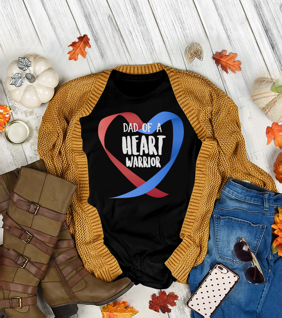 Dad Of A Heart Warrior CHD Awareness Red And Blue Ribbon Heart T-Shirt