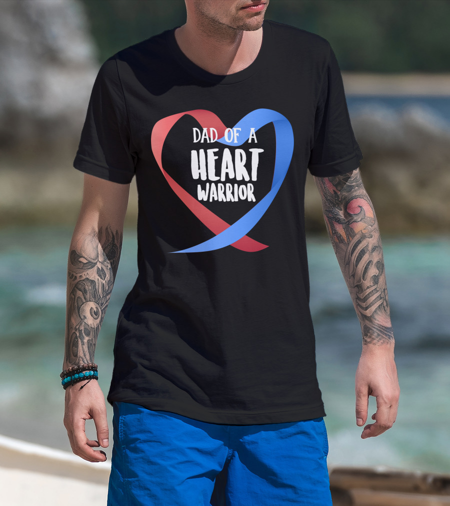 Dad Of A Heart Warrior CHD Awareness Red And Blue Ribbon Heart T-Shirt