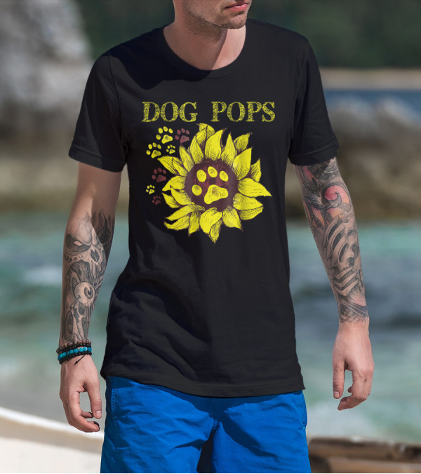 Dog Pops Sunflower Paw Prints Dog Dad T-Shirt