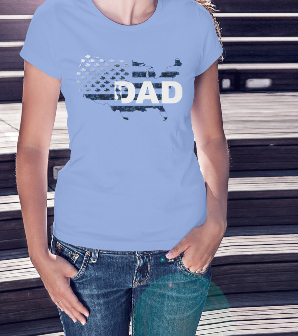 Dad Camouflage Flag Map USA Fish T-Shirt