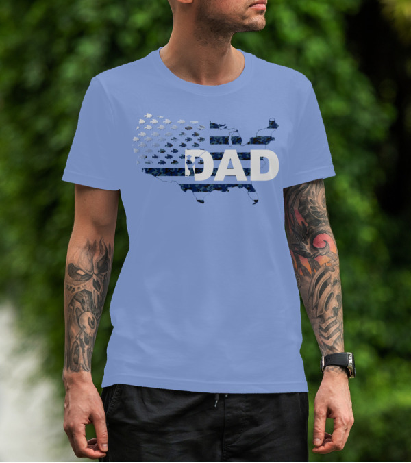 Dad Camouflage Flag Map USA Fish T-Shirt