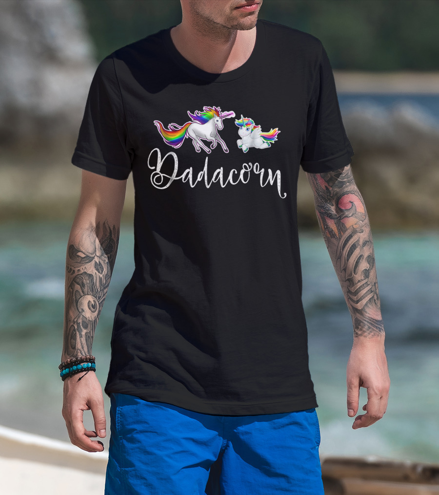 Dadacorn Unicorn Dad And Baby Rainbow Mane Playful T-Shirt
