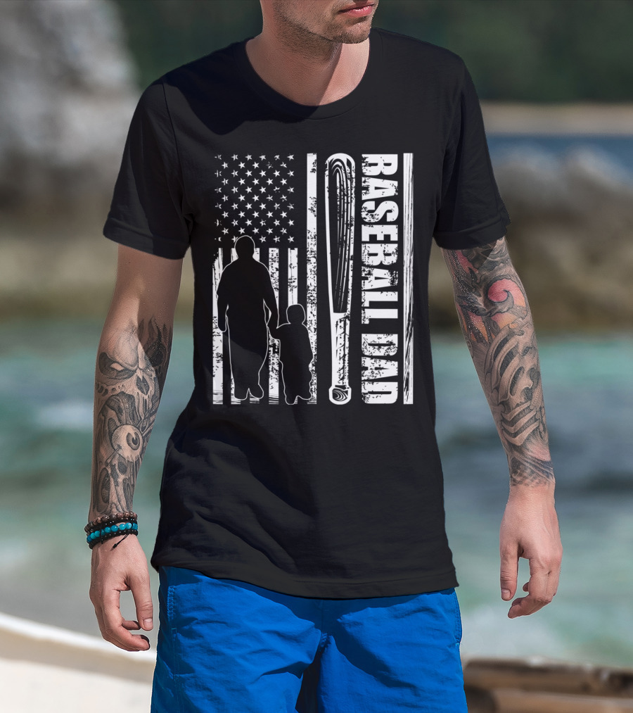 BASEBALL DAD American Flag Bat Father's Day T-Shirt