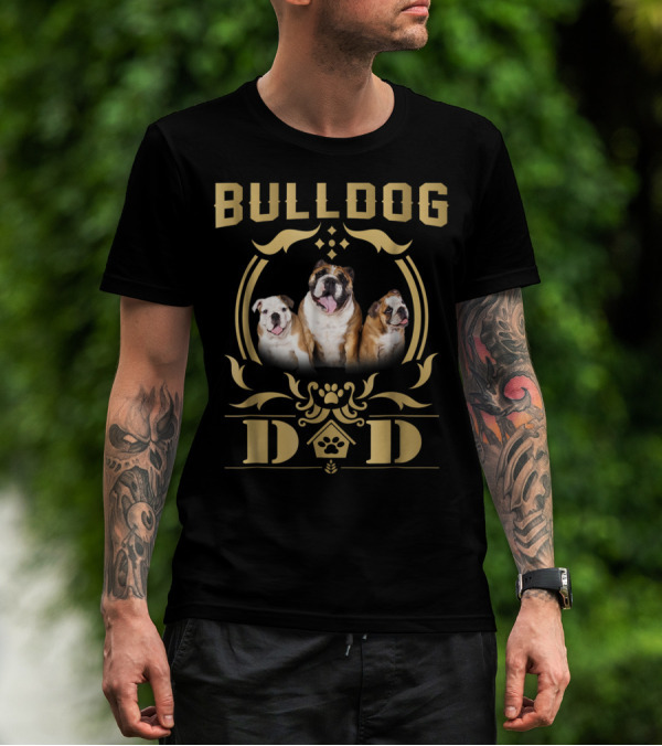 Bulldog Dad Trio With Paw Print Embellishments T-Shirt