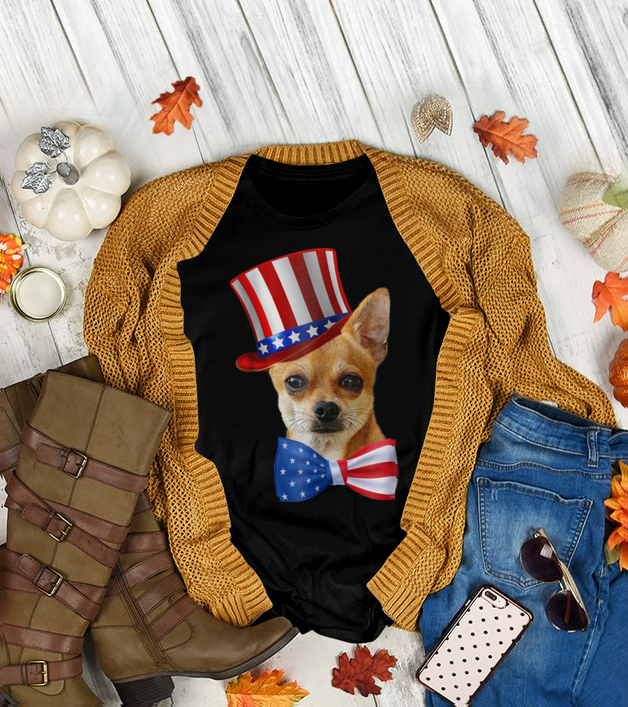 Chihuahua Uncle Sam Hat and Bowtie American Flag T-Shirt