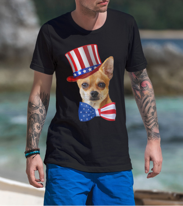 Chihuahua Uncle Sam Hat And Bowtie American Flag T-Shirt