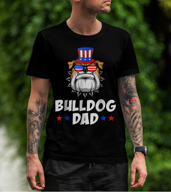 Bulldog Dad USA Flag Sunglasses American Patriotic Top Hat T-Shirt