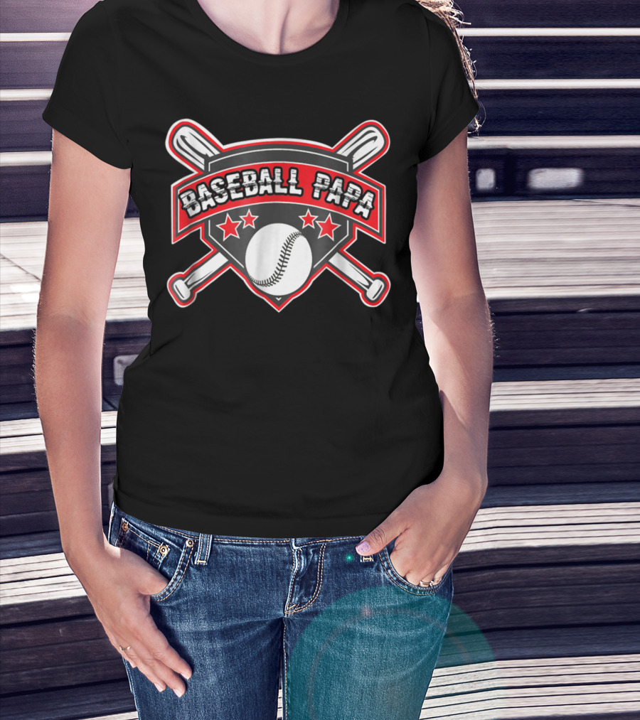 Baseball Papa Shield With Crossed Bats And Stars T-Shirt