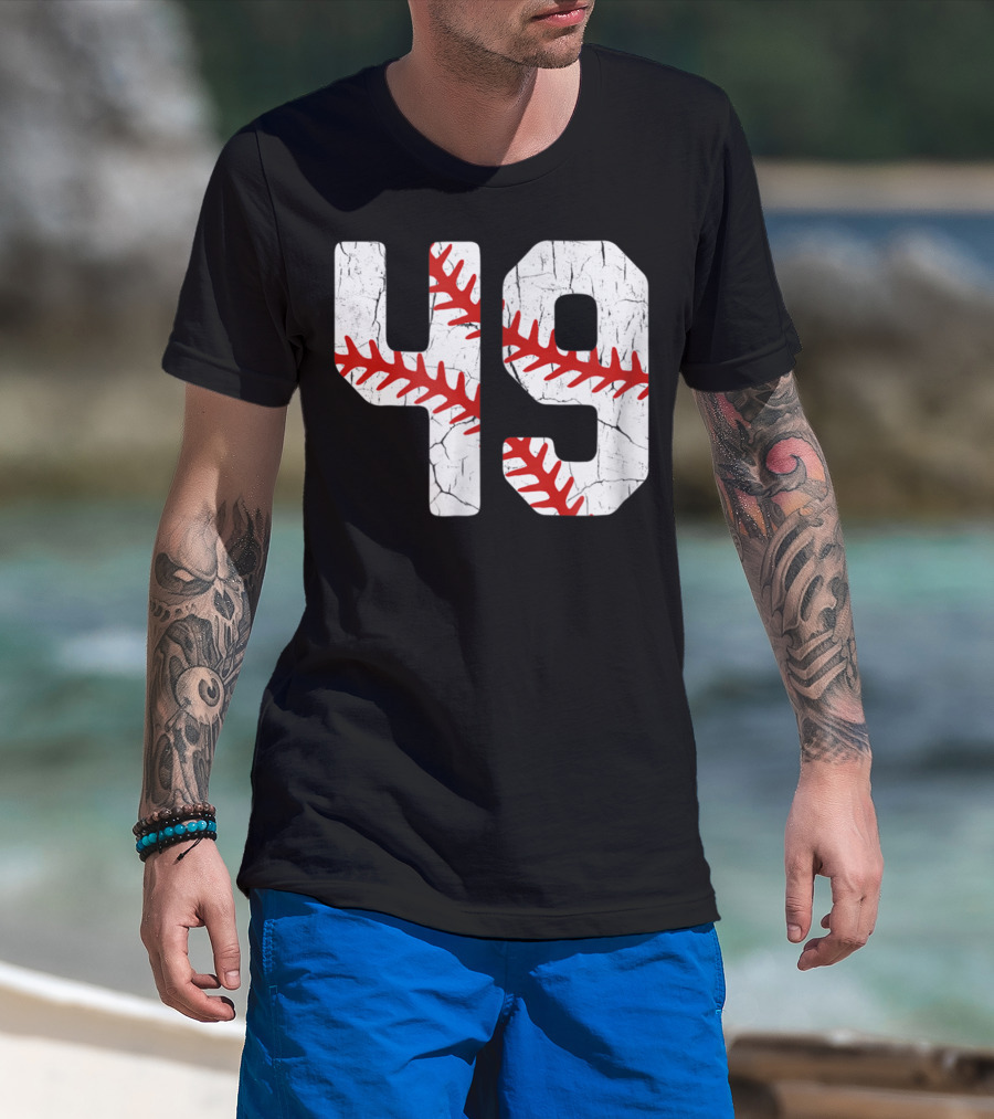 Baseball Player Jersey Number 49 Red Stitching T-Shirt