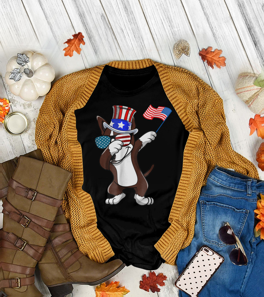 Bull Terrier Dabbing Dog Dad American Flag 4th of July T-Shirt