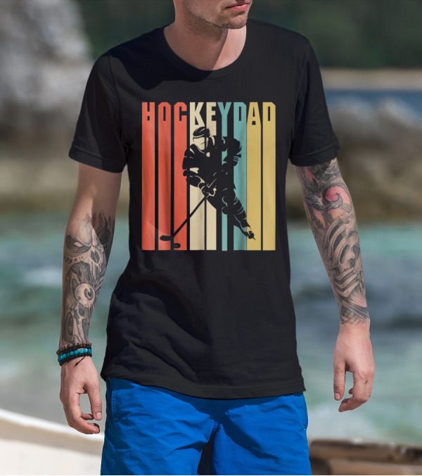 Classic Vintage Hockey Dad Player Silhouette Retro Stripes T-Shirt