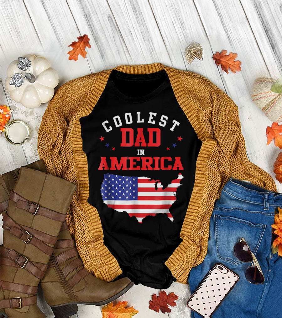 COOLEST DAD IN AMERICA USA FLAG MAP STARS T-Shirt
