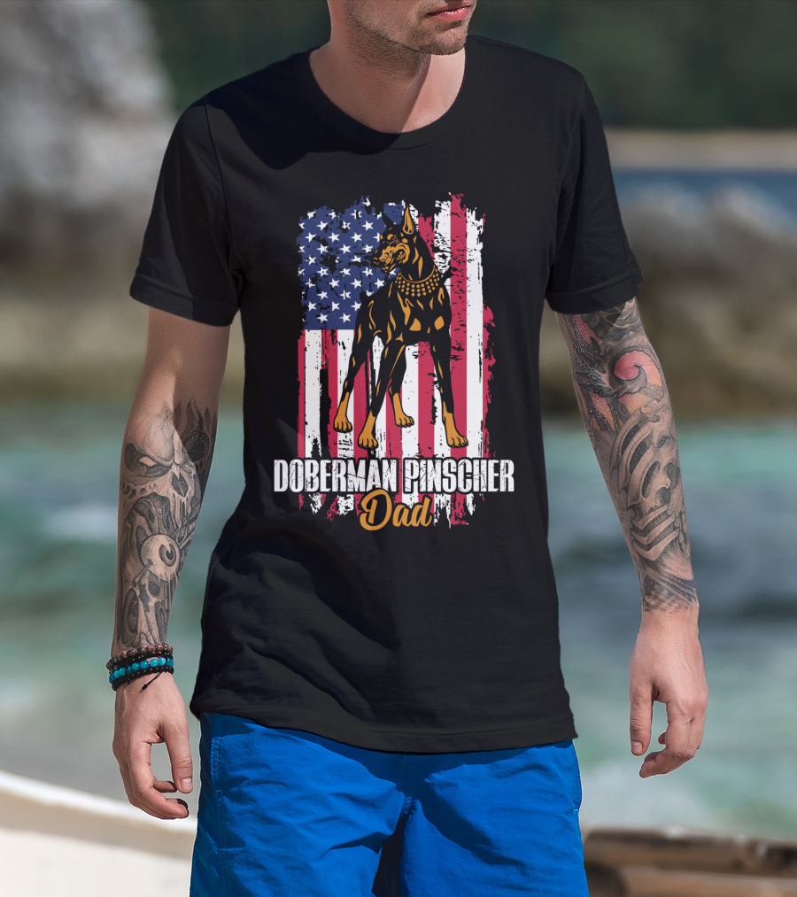 Doberman Pinscher Dad American Flag T-Shirt