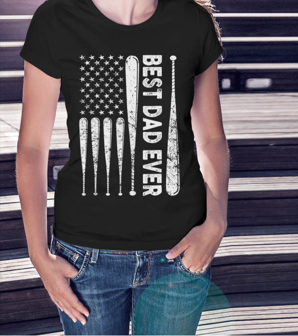 Best Dad Ever American Flag Baseball SoftballUSA T-Shirt