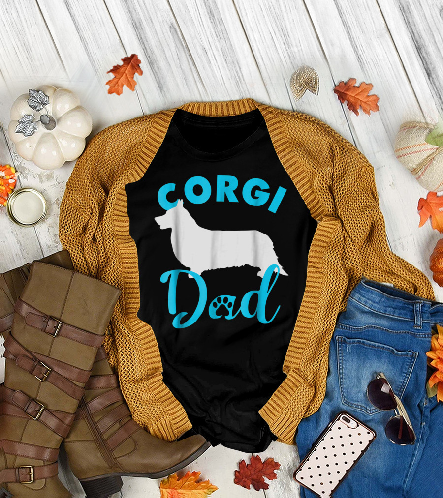 Corgi Dad with Silhouette and Paw Print Accents T-Shirt