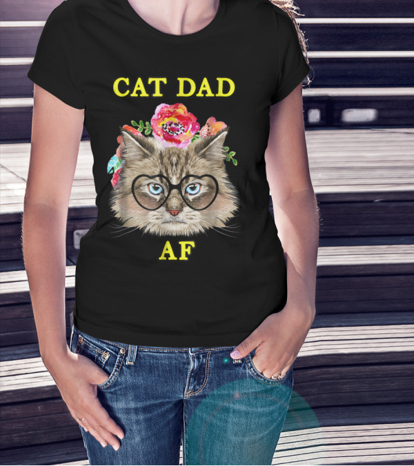 Funny Cat Dad AF With Floral Bouquet And Glasses T-Shirt