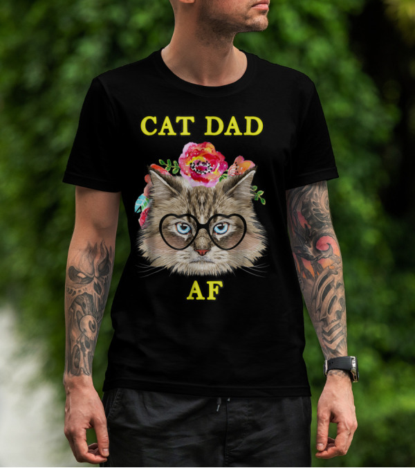 Funny Cat Dad AF With Floral Bouquet And Glasses T-Shirt