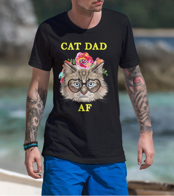 Funny Cat Dad AF With Floral Bouquet And Glasses T-Shirt