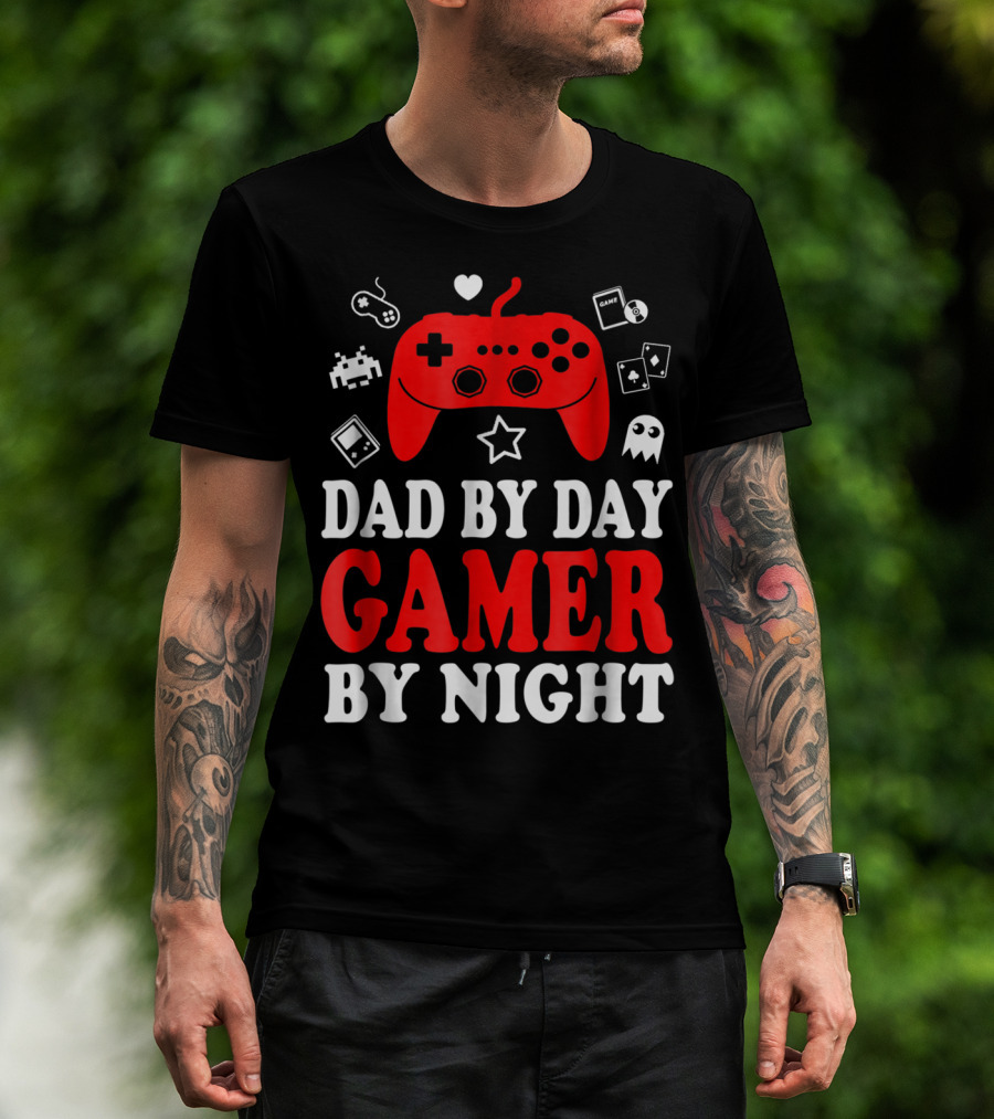 Dad By Day Gamer By Night Retro Controller And Icons T-Shirt