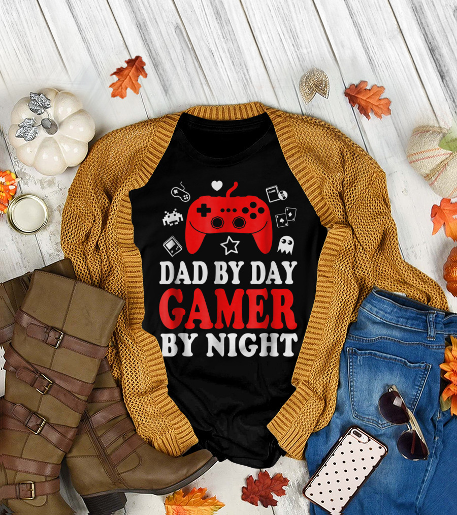 Dad by Day Gamer by Night Retro Controller and Icons T-Shirt