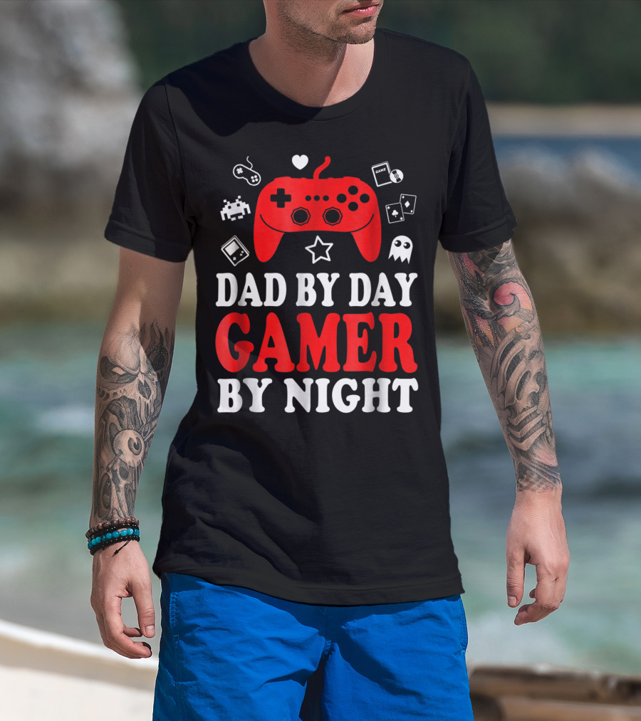 Dad By Day Gamer By Night Retro Controller And Icons T-Shirt