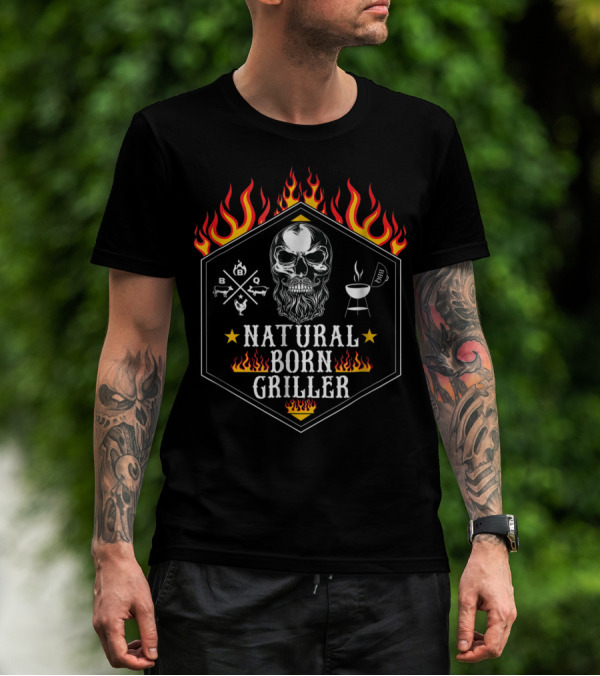 Natural Born Griller Skull BBQ Grilling Grandpa Husband78 T-Shirt