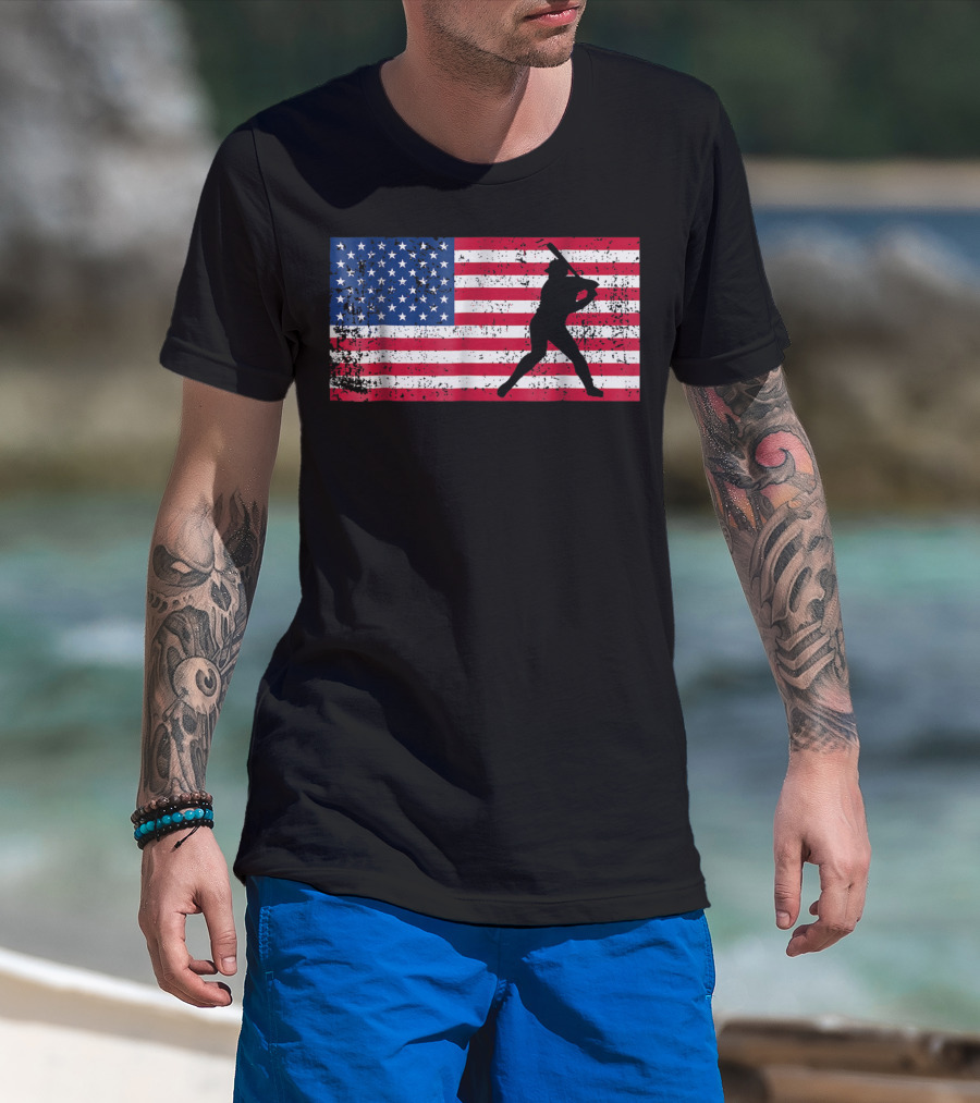 American Flag Vintage Baseball Silhouette T-Shirt