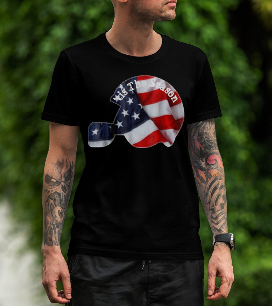 Tis The Season American Football Helmet With Flag Design Sports Fan T-Shirt