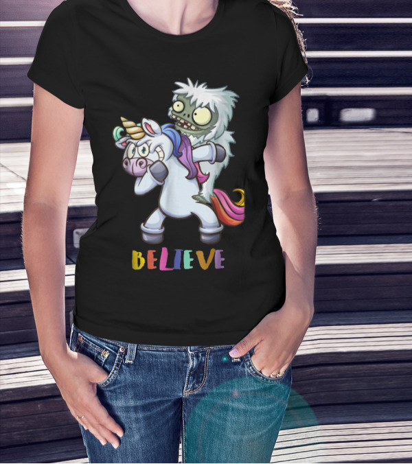 Believe Bigfoot Riding Unicorn T-Shirt