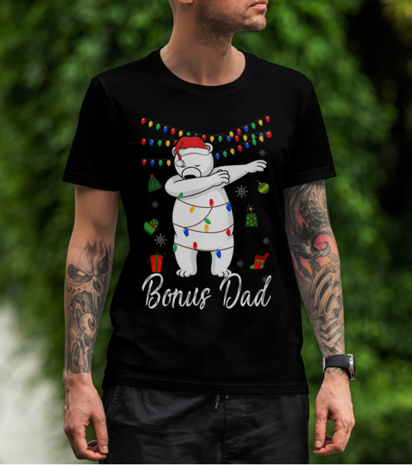 Bonus Dad Bear Christmas Lights Santa Hat Dabbing T-Shirt
