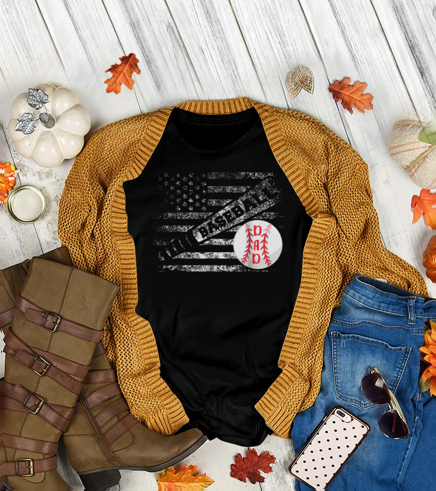 Baseball Dad American Flag with Bat and Ball T-Shirt
