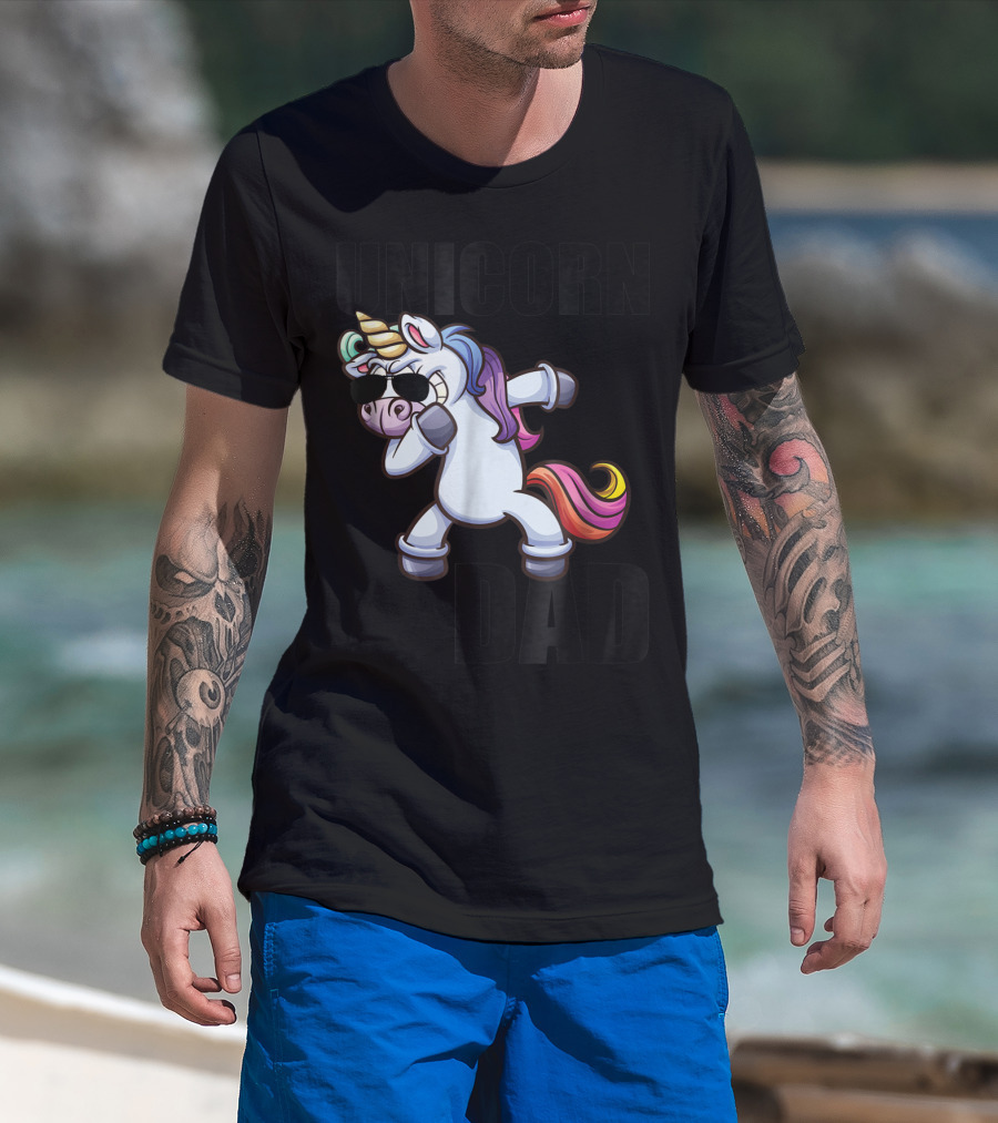 Unicorn Dad Dabbing With Sunglasses And Rainbow Mane T-Shirt