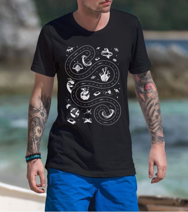 Dad Alien Race Track With Flying Saucers And Space Creatures T-Shirt