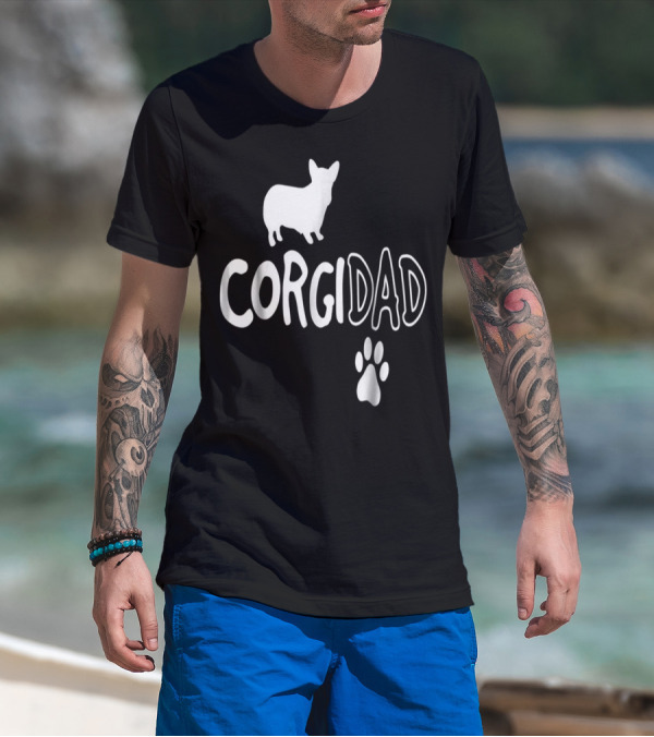 Corgi Dad Silhouette With Paw Prints T-Shirt