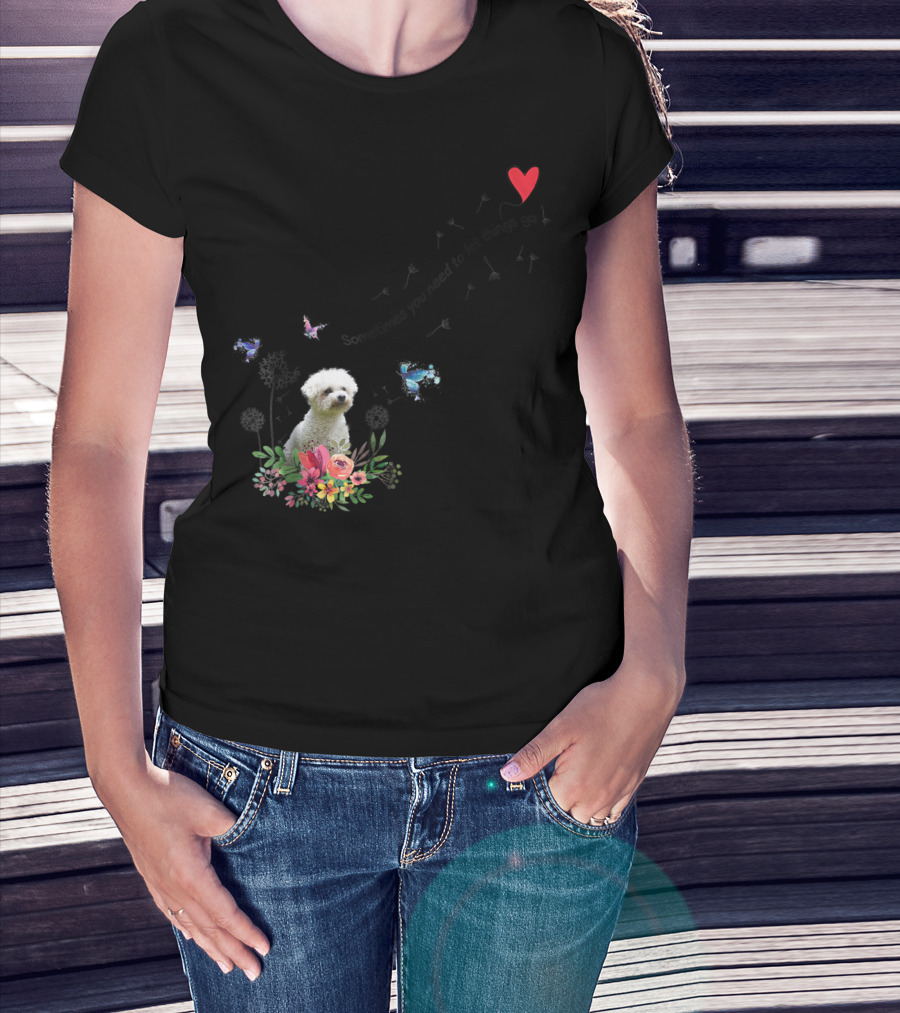 Bichon Frise Let Things Go Kids68 Butterfly Flowers Heart T-Shirt