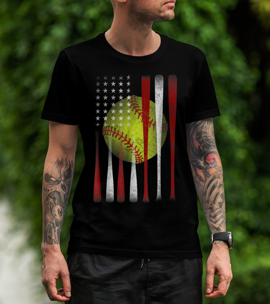 American Flag Softball Vintage Distressed US Flag Bat T-Shirt