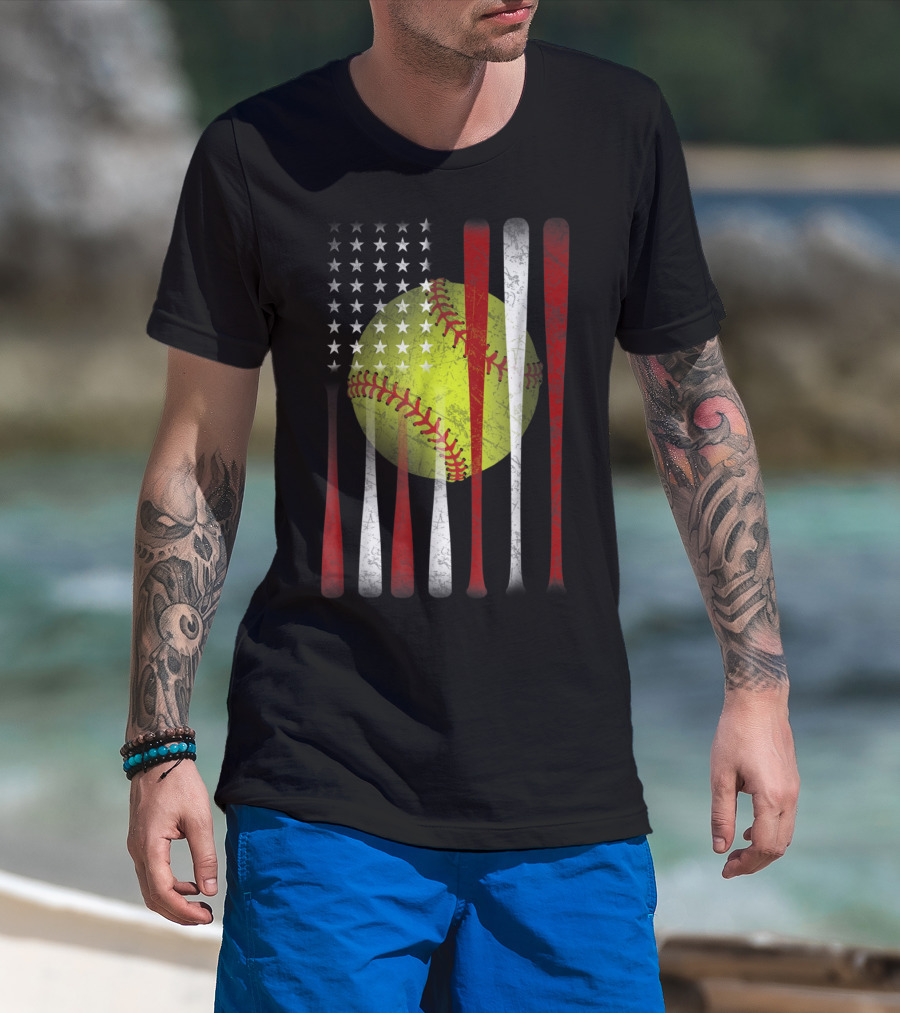 American Flag Softball Vintage Distressed US Flag Bat T-Shirt