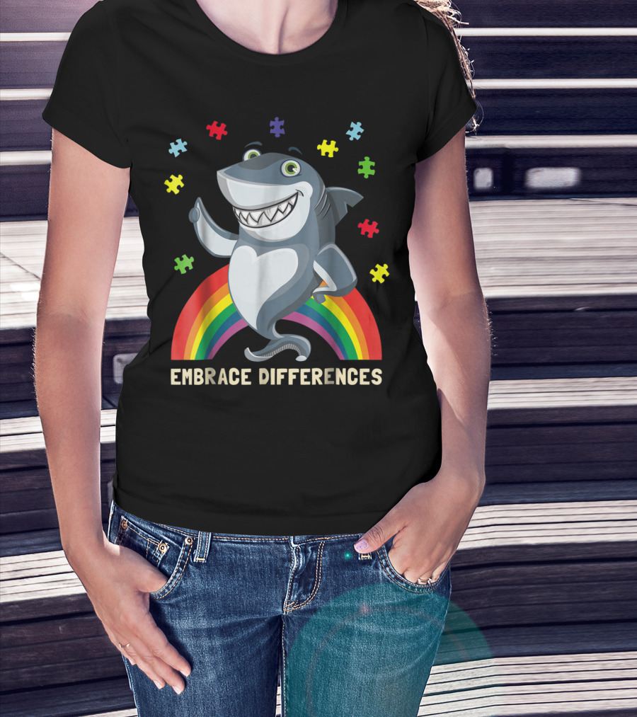 Embrace Differences Autism Awareness Kids Dad Shark Puzzle Piece Rainbow T-Shirt