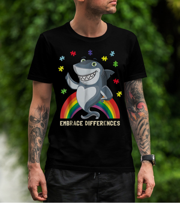 Embrace Differences Autism Awareness Kids Dad Shark Puzzle Piece Rainbow T-Shirt