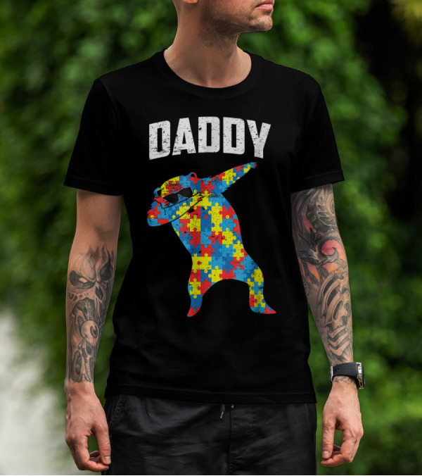 Daddy Bear Autism Puzzle Pattern Dabbing Glasses T-Shirt