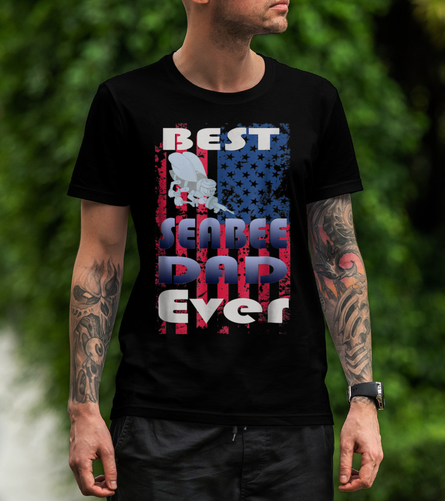 Best Seabee Dad Ever American Flag Bee Mascot T-Shirt