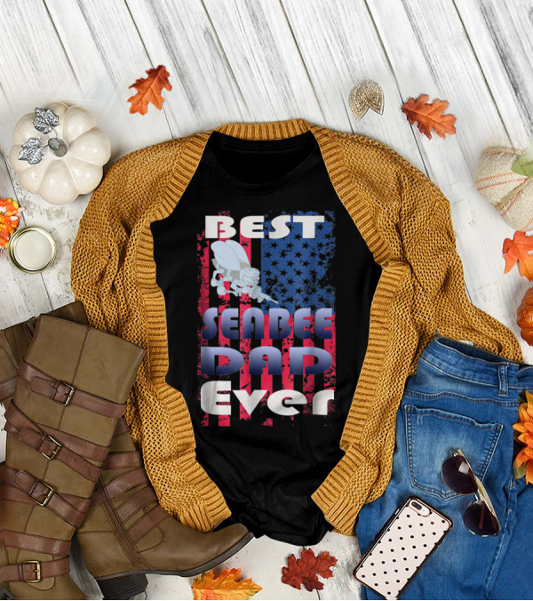 Best Seabee Dad Ever American Flag Bee Mascot T-Shirt