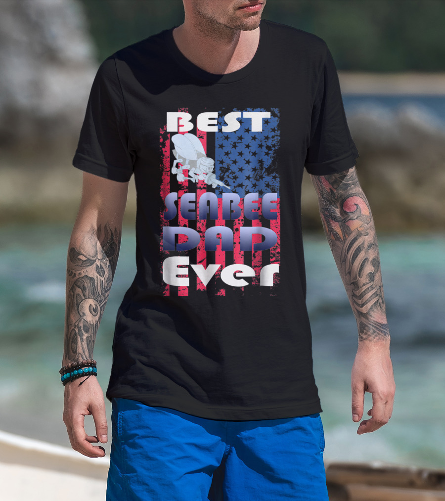 Best Seabee Dad Ever American Flag Bee Mascot T-Shirt
